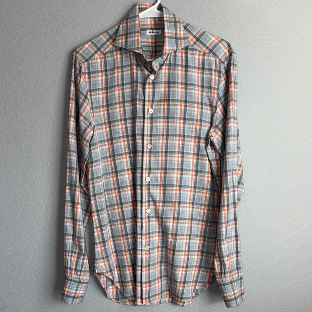Kiton Gray and Orange Plaid Button Down Shirt